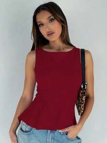 1 pieza Blusa de punto con volantes en el bajo, Uso casual de verano en color rosa - Burdeos - Ver 6