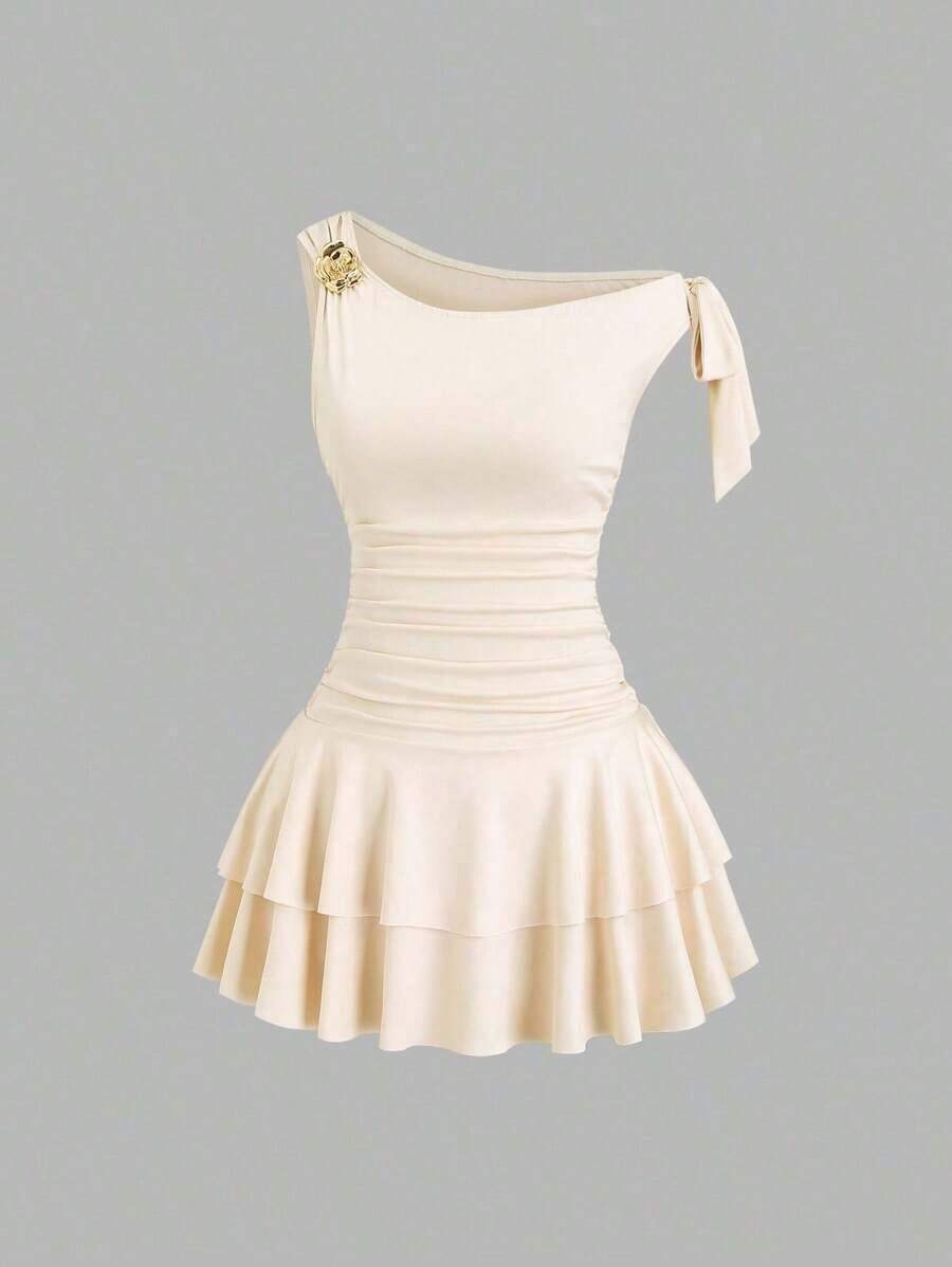 xheSweetra Vestido elegante sin mangas con decoración de flores metálicas, rosaxhe - Albaricoque 4 - Ver 1