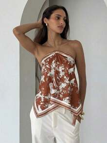 Blusa de mujer elegante con cuello de halter, estampado de tinte anudado y gasa para vacaciones en la playa - Marrón - Ver 4
