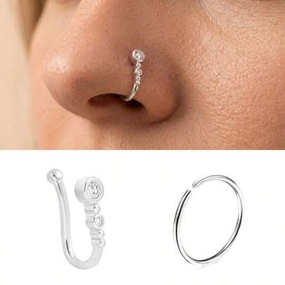 2 piezas Anillos de nariz de estilo punk, anillos de nariz falsos de moda con zirconia incrustada en oro/plata, diseño sin perforación, anillos de nariz de zirconia punk y hip hop, adecuados para atuendos de fiesta de playa de verano