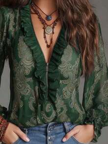 Blusa de gasa con cremallera, estampado de paisley barroco elegante y estilo vacacional, con volantes. Blusa de gasa transparente con estampado floral todo sobre todo para uso diario y vacaciones, primavera/verano - Verde Oscuro - Ver 2