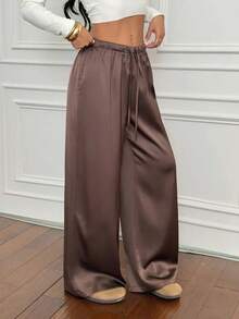 Pantalones anchos casuales de cintura alta para mujer, diseño de cintura elástica de satén, elegantes y modernos. - Marrón oscuro - Ver 3