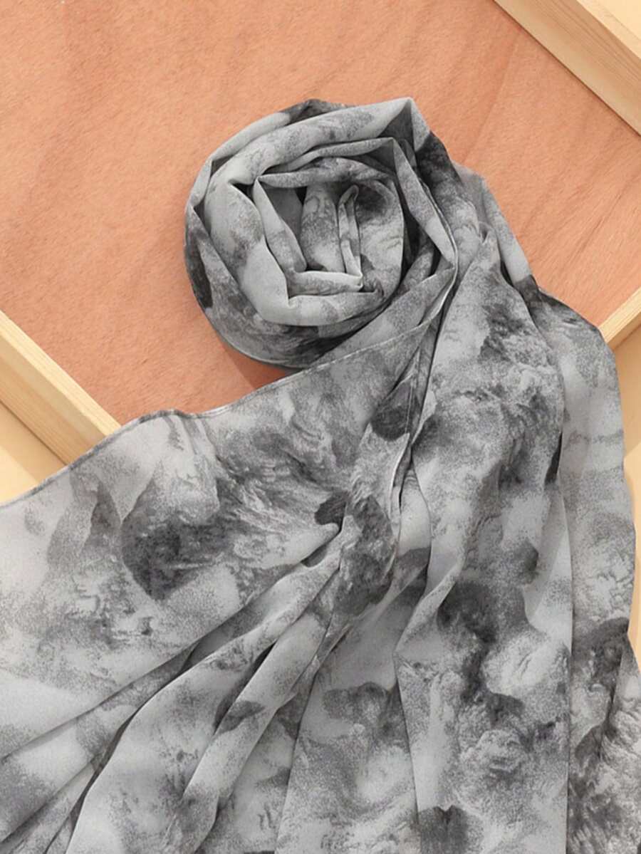1件裝紮染雪紡印花女款頭巾，休閒街頭時尚圍巾披肩，適合日常穿著或外出 - 灰色 - 查看 1
