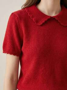 Y2K Spring/Summer New Puff Sleeve Knit Cardigan With Peter Pan Collar And Faux Shell Button Design, Suitable For Office, Casual, Spring/Summer Wardrobe, Valentine's Day Red - Red - View 9