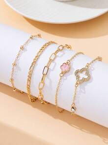 5 pièces Ensemble d'élégants bracelets de cheville de luxe de style vacances à la plage, multicolores, trèfle ajouré et brillant pour femmes (En raison de la découpe artisanale, le nombre de perles peut varier, mais la longueur finale restera la même) - Rose bonbon - Voir 2