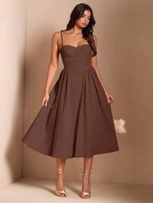 Elegante vestido largo sin mangas con manga abultada para mujer, adecuado para citas diarias, salidas, discotecas, fiestas, temporada de otoño - Marrón - Ver 6