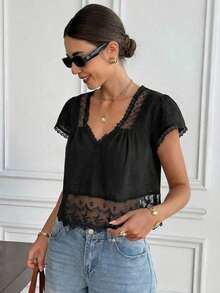 Blusa de mujer con cuello en V, manga corta y espalda con lazo, de encaje y parches, 100% algodón, estilo romántico francés, con diseño de espalda descubierta y mangas abullonadas, versátil para uso diario/casual, verano para mujeres, Día de San Valentín, Carnaval, vacaciones, blusa casual, top Y2K, blusa de encaje, blusa bohemia, top de encaje - Negro - Ver 4