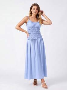 Women's Summer Smocked Ruffle A-Line Slip Dress  Soft Breathable Vacation Cocktail Beach Streetwear - Blue - View 4
