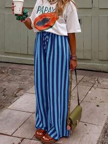 Women's Casual Striped Straight Leg Loose Pants, Suitable For Summer Holiday And Daily Wear - Blue - View 3