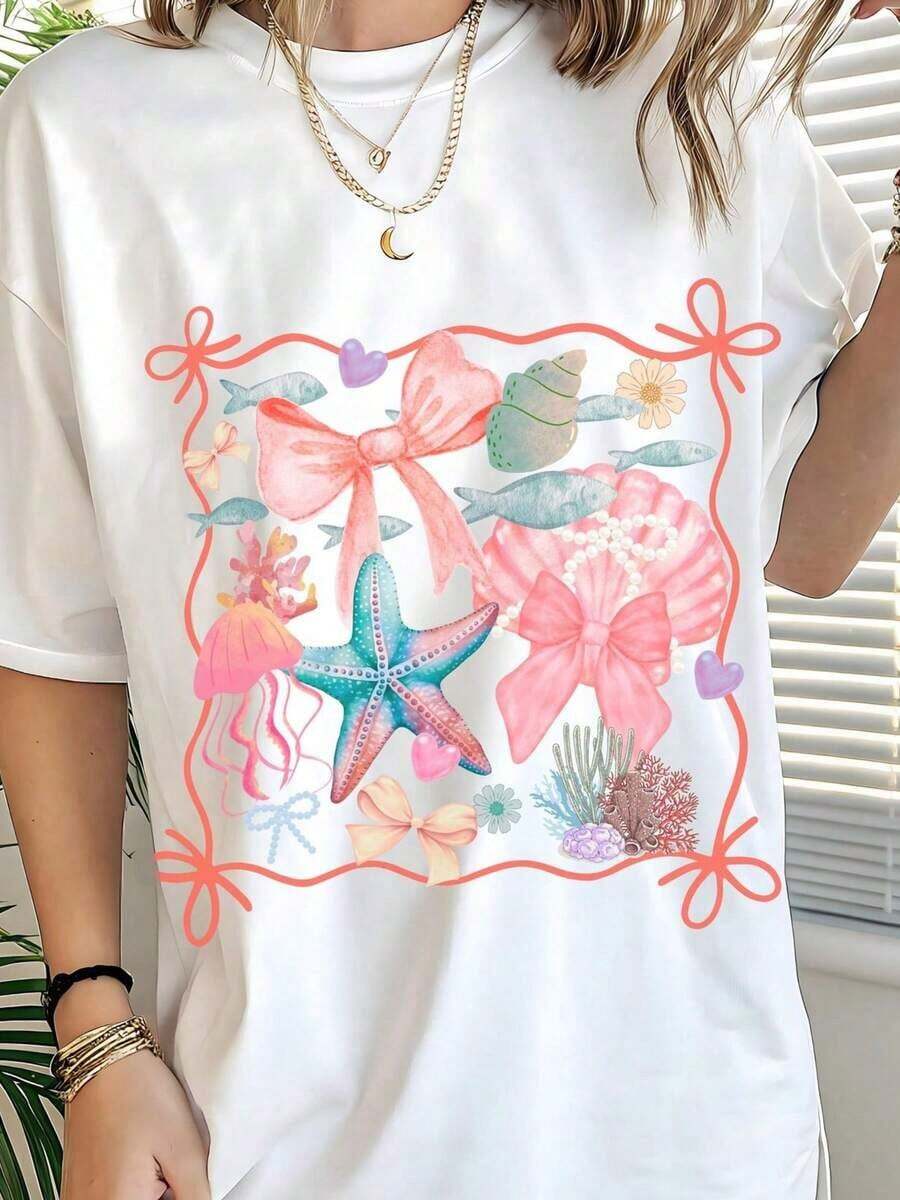 Camiseta Casual de Corte Holgado para Mujer con Estampado de Lazo y Estrella de Mar, Transpirable y Cómoda, de Algodón Puro, Manga Corta, Bonito Estampado Marino en Tonos Pastel, Cuello Redondo, para Uso Diario Casual, Playa, Estilo Coquette, Streetwear, Color Blanco. - Blanco - Ver 1