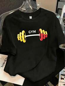 Camiseta holgada para mujer con estampado temático de fitness - Tejido suave y transpirable, con estampados de mancuernas rosas y letras de fitness, cuello redondo, manga corta, ideal para entrenamientos en el gimnasio y uso casual diario, un ajuste versátil para todas las estaciones, ropa deportiva para mujer (fondo negro con diseños rosados y otros colores vibrantes), ropa deportiva saludable, ropa de estilo de vida, elasticidad media, camiseta estampada, ropa de mujer, ropa de fitness, prenda esencial para el vestuario diario, corte ligero, también disponible en pantalones de fitness para mujer.Transpirable y cómodo - Negro 2 - Ver 1