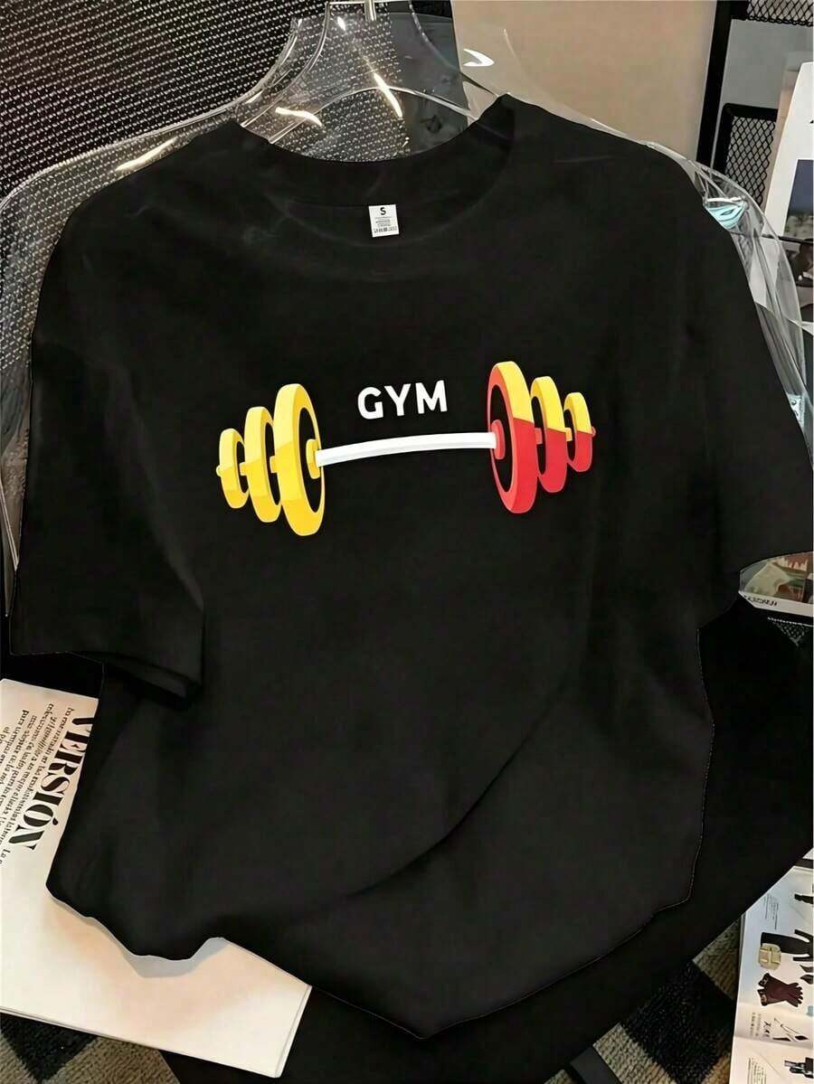 Camiseta holgada para mujer con estampado temático de fitness - Tejido suave y transpirable, con estampados de mancuernas rosas y letras de fitness, cuello redondo, manga corta, ideal para entrenamientos en el gimnasio y uso casual diario, un ajuste versátil para todas las estaciones, ropa deportiva para mujer (fondo negro con diseños rosados y otros colores vibrantes), ropa deportiva saludable, ropa de estilo de vida, elasticidad media, camiseta estampada, ropa de mujer, ropa de fitness, prenda esencial para el vestuario diario, corte ligero, también disponible en pantalones de fitness para mujer.Transpirable y cómodo - Negro 2 - Ver 1