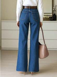 Pantalones vaqueros elásticos 9650#, pierna recta, elegantes y de moda, casuales y versátiles, pantalones vaqueros de pierna ancha acampanada para mujer, primavera - Azul lavado oscuro - Ver 4