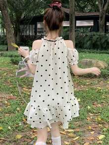 法式甜美露肩波点连衣裙，新款夏季娇小优雅泡泡裙娃娃裙 - 杏色 - 查看 7