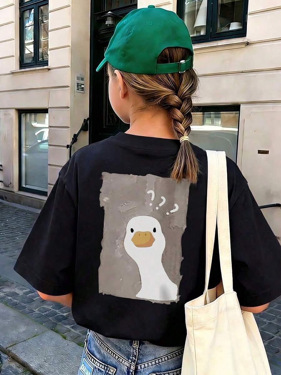 1 Piece Short Sleeve T-Shirt With Round Neck And Graphic Print For Teenage Girls, Summer Clothes For Young Students - Duck With Question Mark, Designed For Unique Animal Lovers. - 黑色 - 查看 1