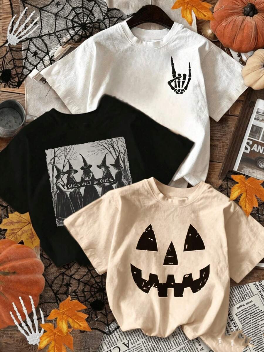 T-Shirt Set Pack. Single Garment, Not A 3-Piece Set. 1 Piece/Set Of Short-Sleeved T-Shirts Suitable For Streetwear. Oversized Round Neck Top For Daily Outings, Camping, Concerts, Hip-Hop, Rock, And Rap Events. Halloween, Spooky Day, Ghost, Skeleton, Pumpkin, Hand, Skeleton, Witch. Casual Women's Solid Color, Round Neck, Short Sleeve, Versatile - 白色 - 查看 1