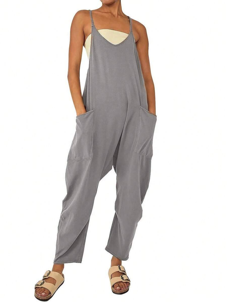 Mono holgado con parche de color puro para mujer, mono con cremallera y tirantes, comercio exterior, novedad de 2024 - Gris Oscuro - Ver 1