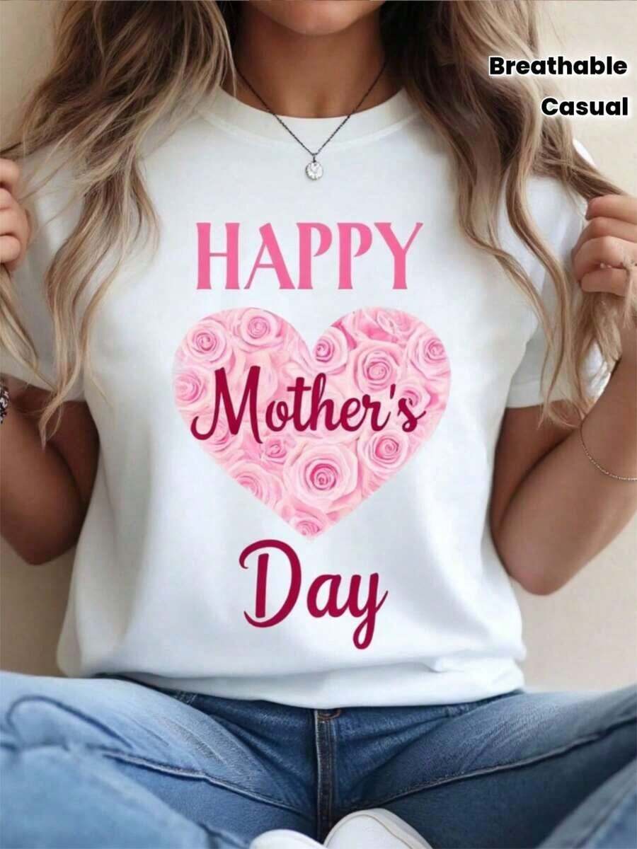 Unisex Adult T-Shirt With A Floral Heart Print For Mother's Day. Women's White Short-Sleeved Summer T-Shirt, Breathable And Casual. - 白色 - 查看 1