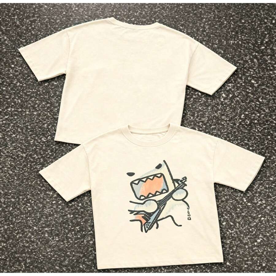 Women's Versatile Casual Short Sleeve T-Shirt With Round Neck And Cartoon Print - Unisex Urban Vintage Style, Loose Fit Cotton T-Shirt With Round Neck And Short Sleeves - 杏色 - 查看 1