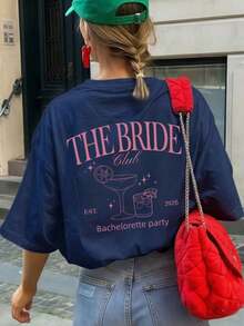 Women's T-Shirt With A Round Neck, Letter Print, And Short Sleeves. Suitable For Summer, The Beach, Street Style, Everyday Wear, Work, Office Parties, Going Out, Carnivals, Music Festivals, Valentine's Day, And Casual Occasions. - 海軍藍 - 查看 8