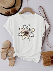 Camiseta de manga corta con estampado floral vintage, top casual de cuello redondo para mujer, adecuada para uso diario en primavera/verano, ropa de mujer. - Blanco - Ver 1