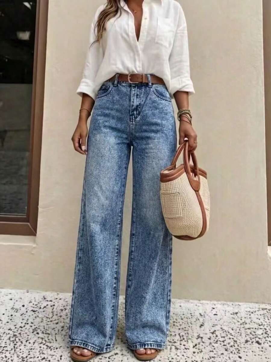 Teen Girls' Loose Fit Straight Leg Jeans With Pockets, Casual & Versatile - Medium Wash - View 1