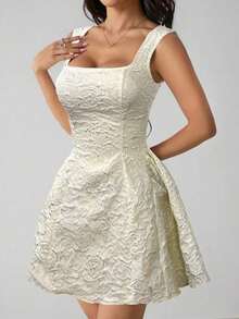 Vestido midi sin mangas de color blanco sólido para mujer, simple y casual para uso diario - Albaricoque - Ver 5