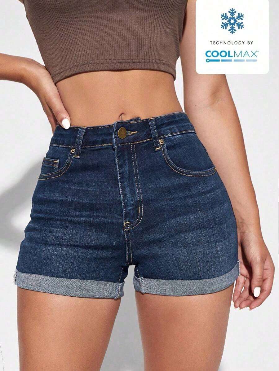 Denim Shorts With Zip-Up Hem And Folded-Down Front - Blue - View 1