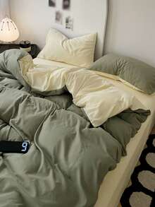 New Solid Color Patchwork Nordic Style Simple Polyester Duvet Cover 3 Pieces Set - Olive Green - View 1