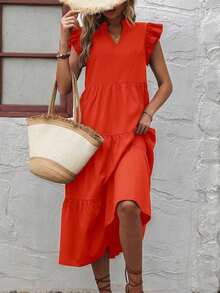 Vestido de esmoquin con cuello en pico y ribete de volantes para ropa de Año Nuevo, vestidos largos para vacaciones y atuendos de playa para mujeres - Naranja - Ver 4