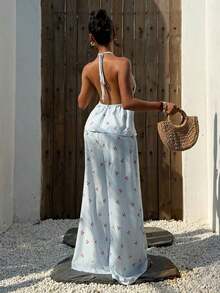 Conjunto de 2 piezas para mujer: top halter sin espalda de color sólido y pantalones de pierna ancha para vacaciones de verano. - Azul - Ver 2