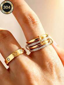 Znice 2026 New 304 Stainless Steel 18K Gold Plated Stackable Ring Set, Women's, Four-Leaf Flower And Spiral Fully Paved Rings, Hypoallergenic Minimalist Jewelry, Perfect Mother's Day Gift, Summer Vacation Accessory - Gold - View 24