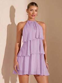 Vestido corto de gasa con hojas de loto en cascada de color rojo sólido, adecuado para citas diarias, salidas nocturnas, discotecas, fiestas, reuniones, fiestas de cóctel, fiestas de piscina, ropa de vuelta al colegio, vestidos de temporada esco - Púrpura malva - Ver 3