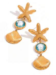 1 Pair Dopamine Mermaid Style Blue Crystal Starfish & Shell Pendant Earrings, Suitable For Summer Beach Vacation - Multicolor - View 2