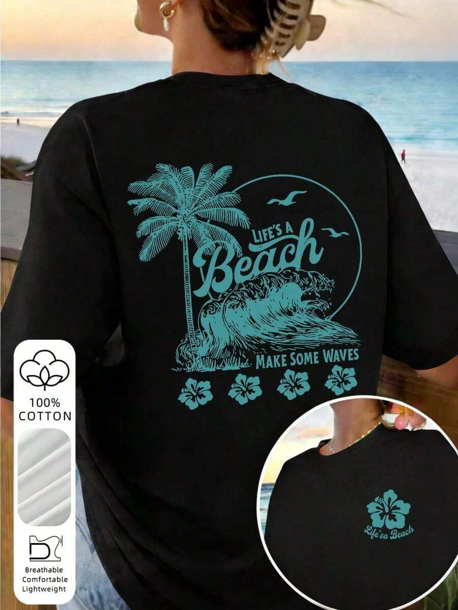 3 Camisetas de Algodón% Transpirables, Corte Holgado, Cuello Redondo, Estampado de Palmeras para Mujer, Ideales para Días de Playa, Vacaciones de Verano, Brunch, Paseos por la Playa y Ropa Casual de Verano|Moda Urbana Local de Primavera/Verano||Uso Casual Diario Primavera Verano Moderno Moldeador|Conjunto de verano para mujer, ropa de vacaciones|Blusas elegantes para mujer, ropa de primavera, blusas de verano. - Negro - Ver 1