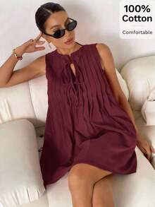 Vestido corto casual y sencillo sin mangas con lazo frontal de unicolor para mujer - Burdeos - Ver 9