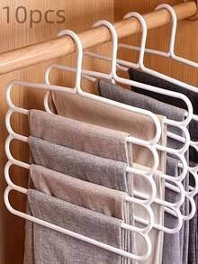 1/5/10pcs  5-Layer Space Saving Heavy Duty Plastic Hanging Clothes Hangers, Multi-Purpose Closet Organizer & Wardrobe Storage Rack, Durable Clothing Sorting Hanger For Pants, Scarves, Ties, Jeans, Skirts, Long Dresses, Shirts & Long Garments, Minimalist Home Storage Organiser For Bedroom Closet, Household Space-Saving Closet Storage Essential For Daily Wear, Multi-Layer Clothes Hanger, Wardrobe Space Saver, Clothing Storage Rack, Non-Slip Closet Organizer, Daily Wear Garment Hanger - 白色 - 查看 10