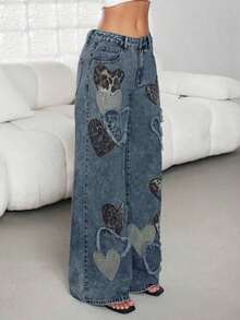 Jeans de talle bajo para mujer, nuevos pantalones casuales rectos y sueltos con bordado y estampado de corazón de moda de nicho, para todas las estaciones - Azul lavado oscuro 3 - Ver 4