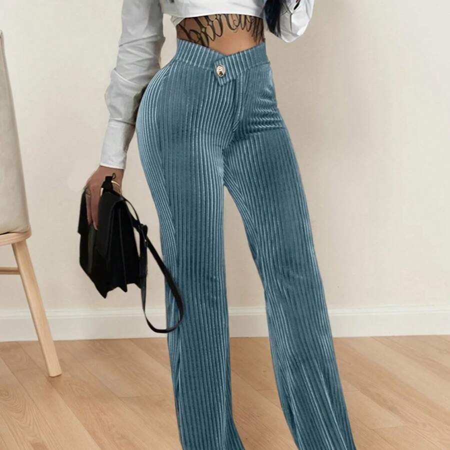Pantalones de pierna ancha rectos de pana para mujer, ropa de calle, moda versátil, ajustado, a rayas, con cremallera, cintura baja en V - Azul - Ver 1