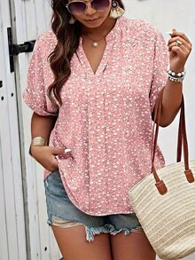 Camisa de talla grande con estampado Floral de verano para mujer, Tops holgados informales de estilo europeo y americano a la moda para oficina - rubor de melocotón - Ver 5