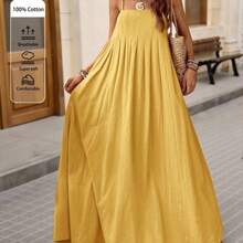 Women's Loose Solid Color Woven Dress, Suitable For Spring/Summer Vacation Solid Color Dress Green Maxi Dress Summer Dress - Amarillo - Ver 2