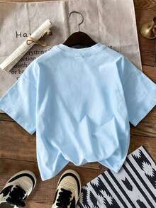 Teenage Girls' Cartoon Cat Paw Print Round Neck T-Shirt, Casual Soft Top For Spring & Summer - Baby Blue - View 3