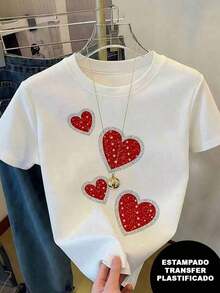 Envío gratis, entrega local enéxico, entrega en 4 días. Camiseta con diseño de corazón rojo, efecto brillante, pero estampada, colorida, casual, moderna, de cuello redondo, manga corta, para uso diario, llamativa, holgada, a, para ti. - Blanco - Ver 5
