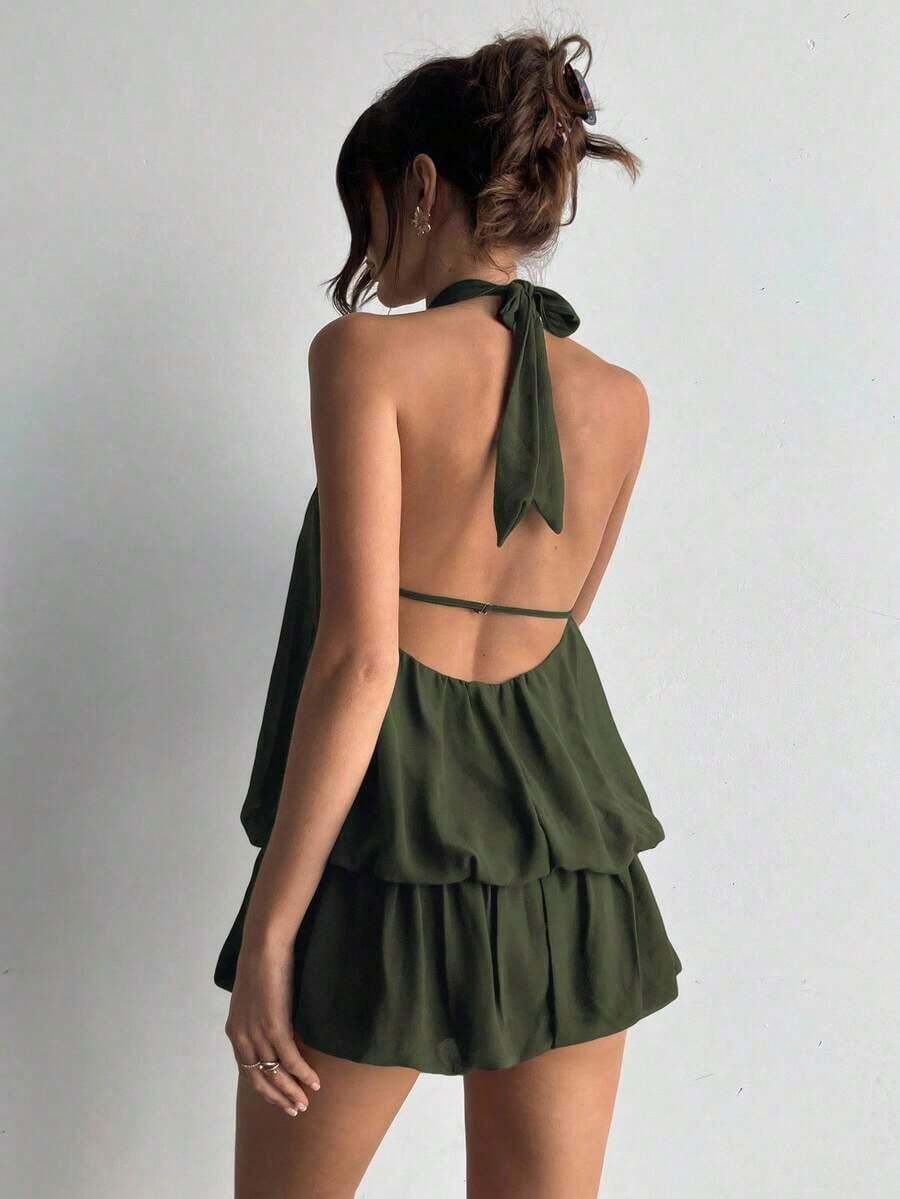 KIMW  Vestido casual de verano para mujer con cuello halter, unicolor y volantes en el bajo - Verde militar - Ver 1