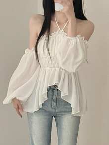Korean Style Delicate One-Shoulder Long Sleeve Blouse White - White - View 1