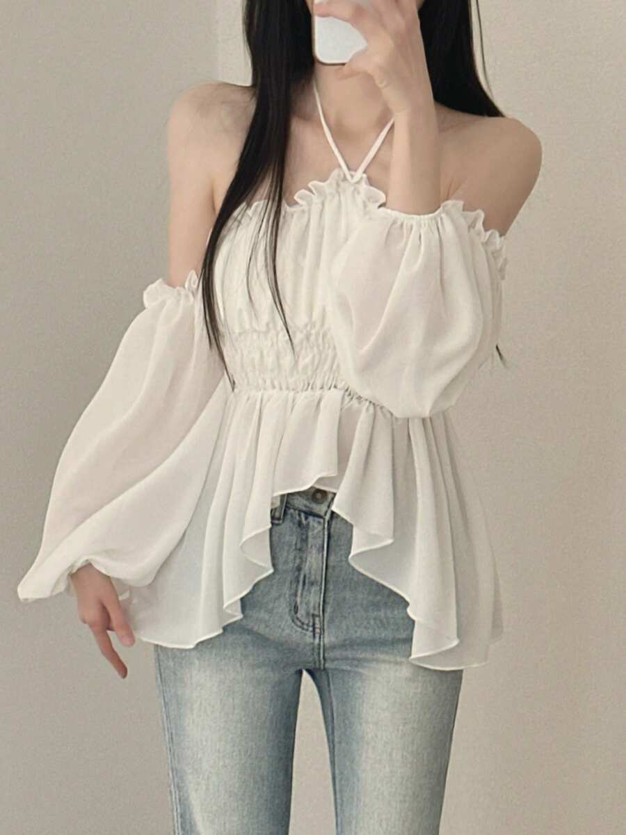 Korean Style Delicate One-Shoulder Long Sleeve Blouse White - White - View 1