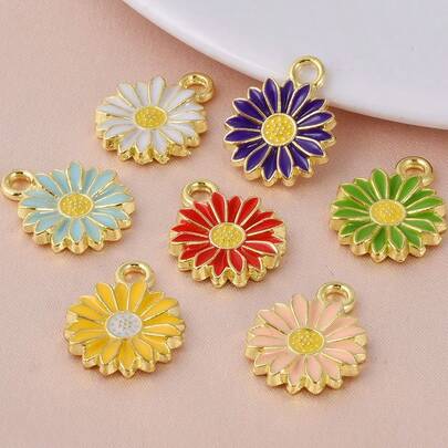 7pcs Assorted Colorful Enamel Flower Shaped Alloy Pendants, Suitable For Making Necklaces, Earrings, Bracelets DIY Jewelry Crafts, Chrysanthemum & Daisy Charms