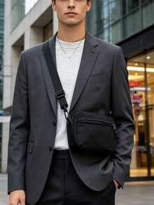 纯色帆布轻便时尚男士斜挎包，运动休闲旅行单肩包 - 黑色 - 查看 7