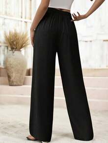 Women's Linen Palazzo Pants, Adjustable Waist With Drawstring, Side Pockets, Casual And Breathable For Vacations - 黑色 - 查看 5