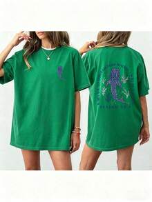 Women Loose Fit Round Neck Whale Slogan Contrast Color Graphic T-ShirtPrinted Round Neck Short Sleeve Women's Tee - Daily Casual, Sports & Fitness, Al - 綠色 - 查看 1